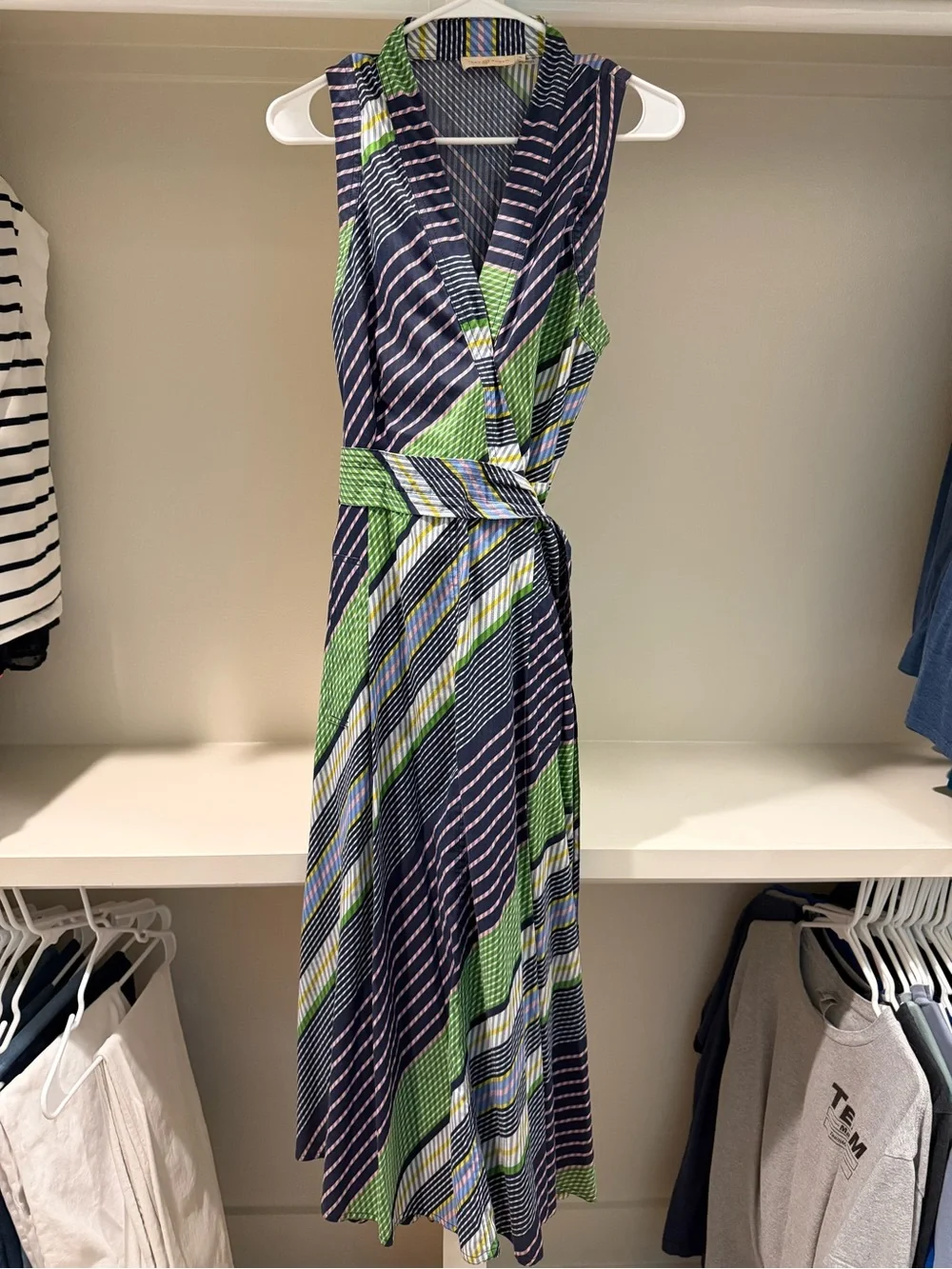Tory Burch Sleeveless Green and Navy Stripe Wrap Dress